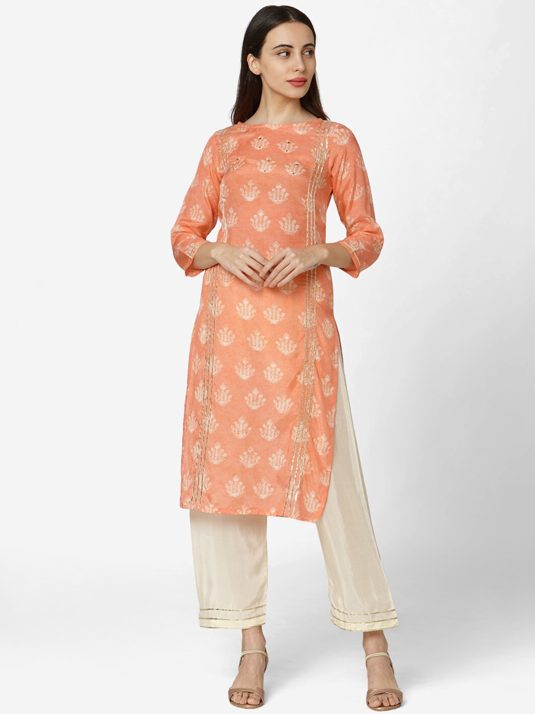 

KALINI Ethnic Motifs Printed Regular Kurta with Trousers, Orange