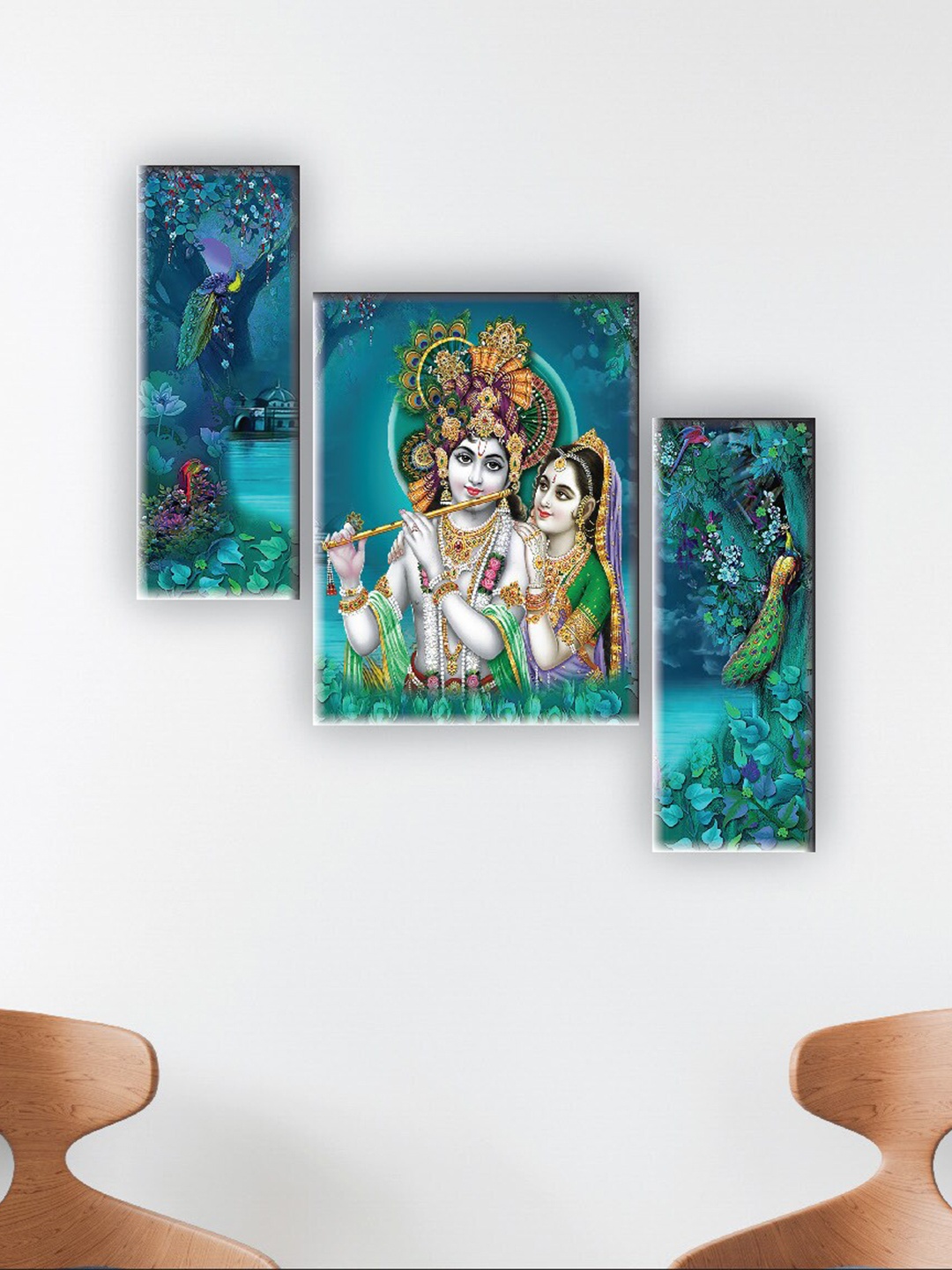 

SAF Green & Blue 3 Pieces Radha Krishna Painted UV Textured Self Adhesive Wall Art