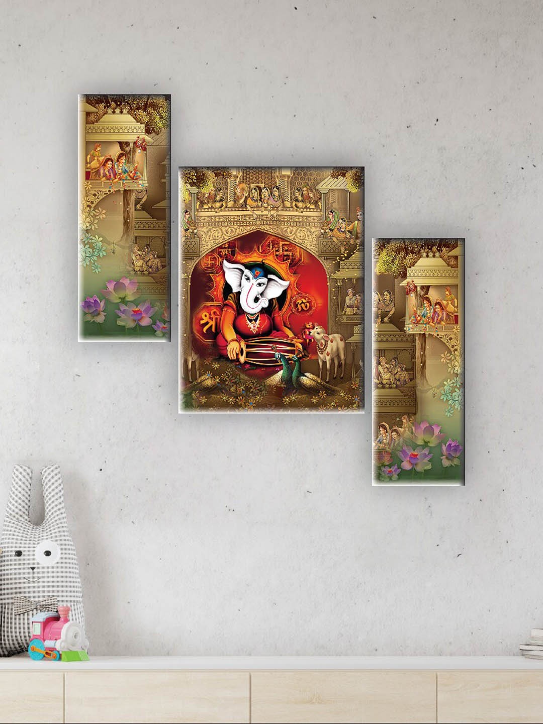 

SAF Beige & Red 3 Pieces Lord Ganesha Printed UV Textured Wall Arts
