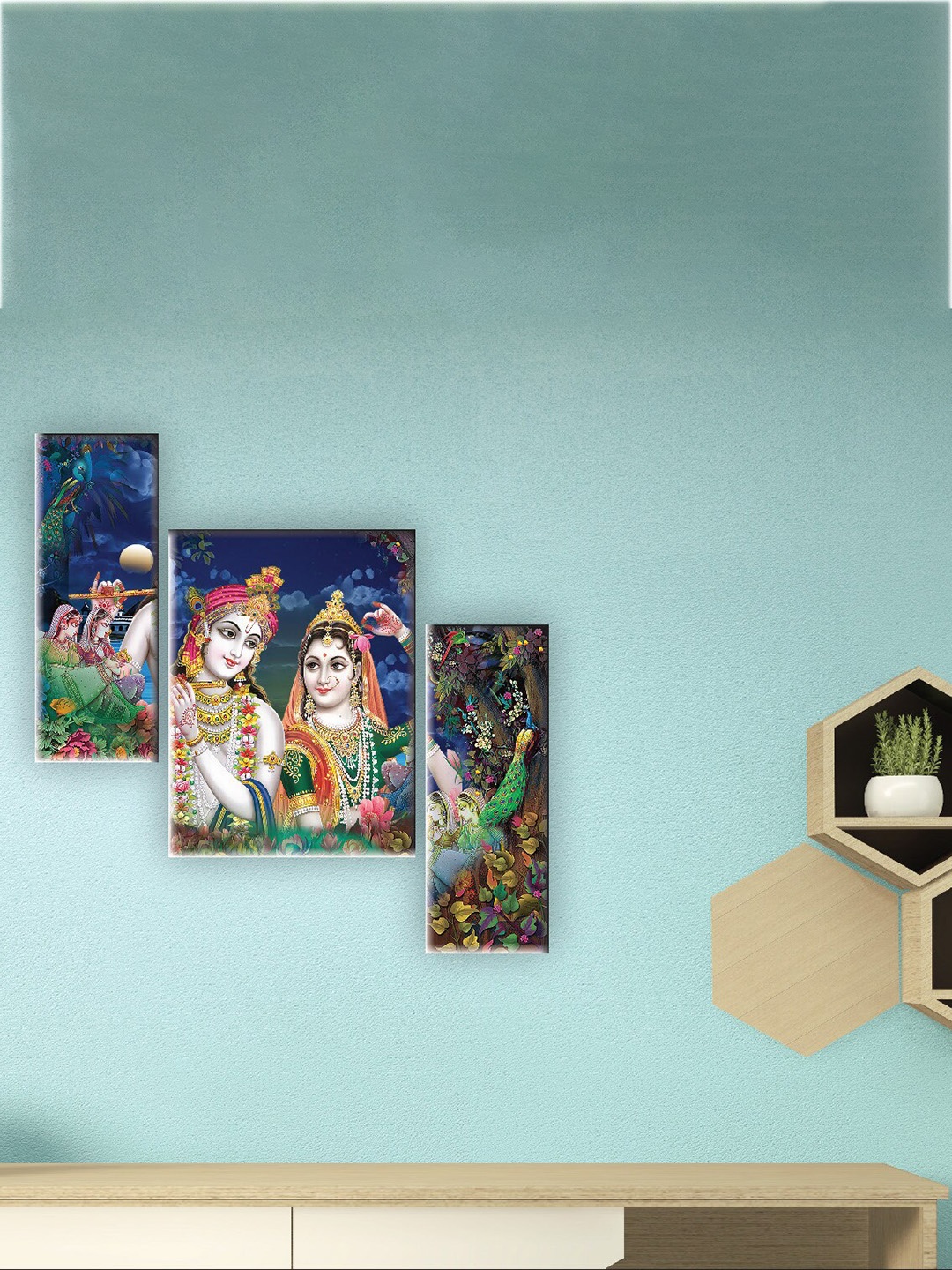 

SAF Blue & White 3 Pieces Radha Krishna Printed UV Textured Wall Arts