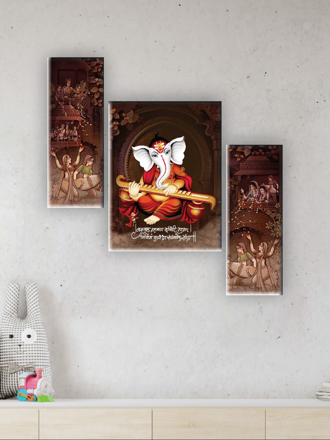 

SAF Beige & Red 3 Pieces Lord Ganesha Printed UV Textured Wall Arts, Brown