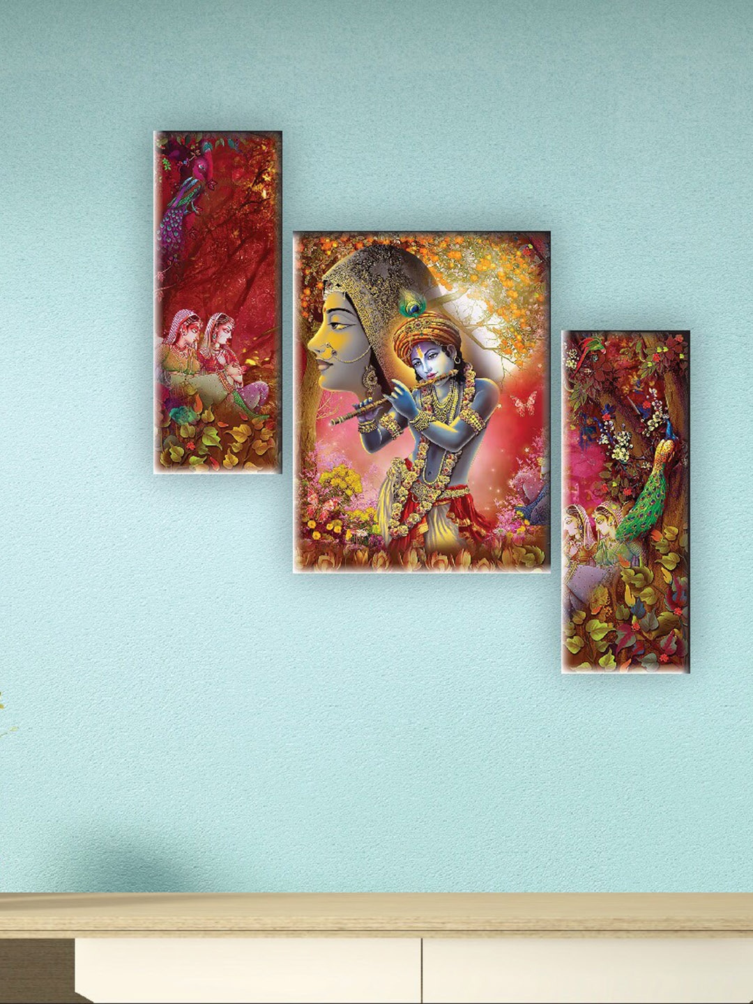 

SAF Red & Yellow 3 Pieces Radha Krishna Printed UV Textured Wall Arts