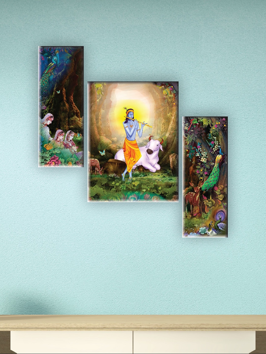 

SAF Green & Yellow 3 Pieces Lord Ganesha Printed UV Textured Wall Arts