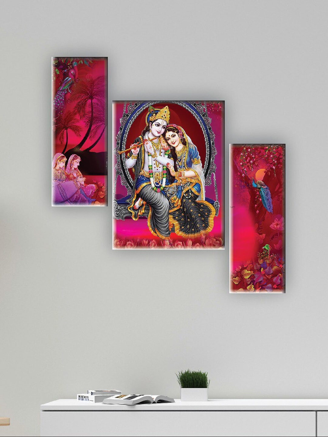 

SAF Pink & Blue 3 Pieces Radha Krishna Printed UV Textured Wall Arts