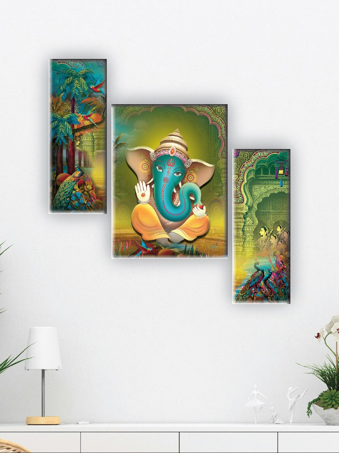 

SAF Green & Yellow 3 Pieces Lord Ganesha Printed UV Textured Wall Arts