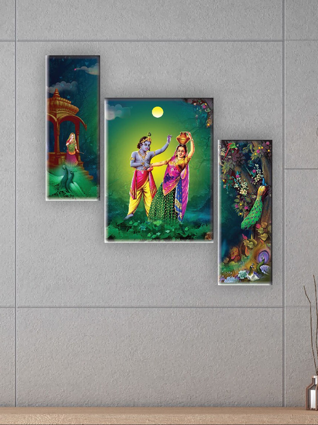 

SAF Green & Pink 3 Pieces Radha Krishna Printed UV Textured Wall Arts