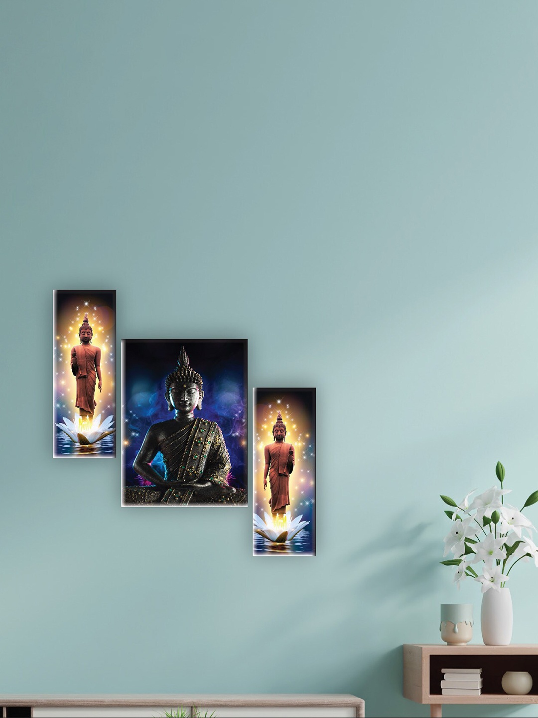 

SAF Beige & Blue 3 Pieces Lord Buddha Printed UV Textured Wall Arts