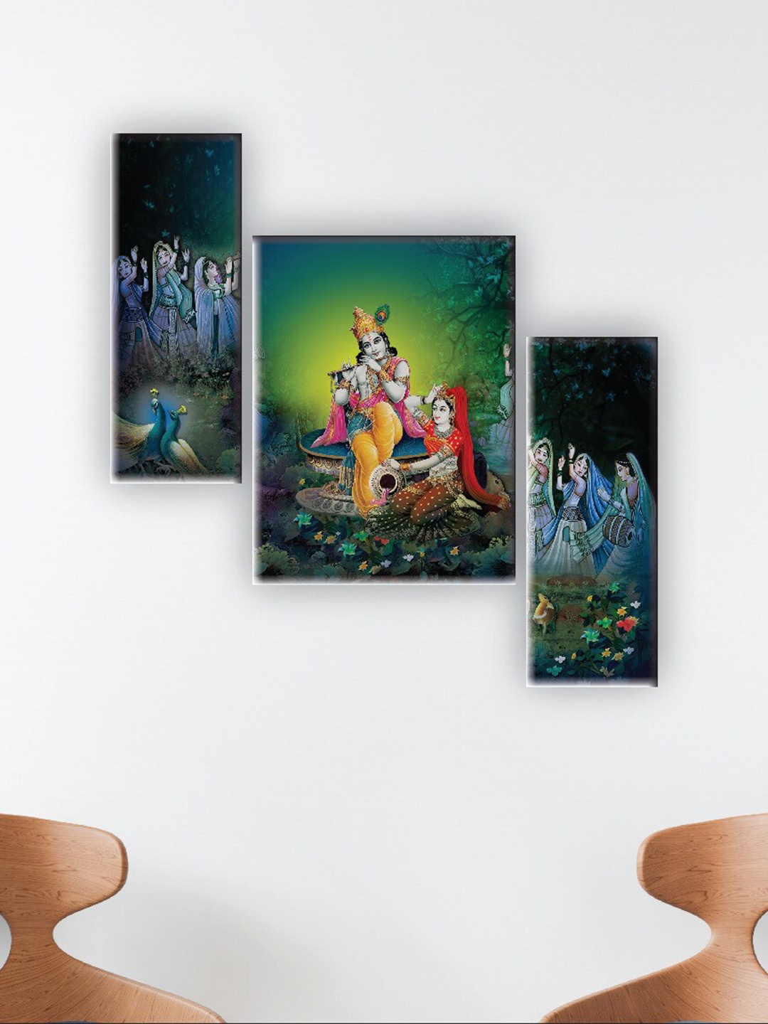 

SAF Blue & Green 3 Pieces Radha Krishna Printed UV Textured Wall Arts