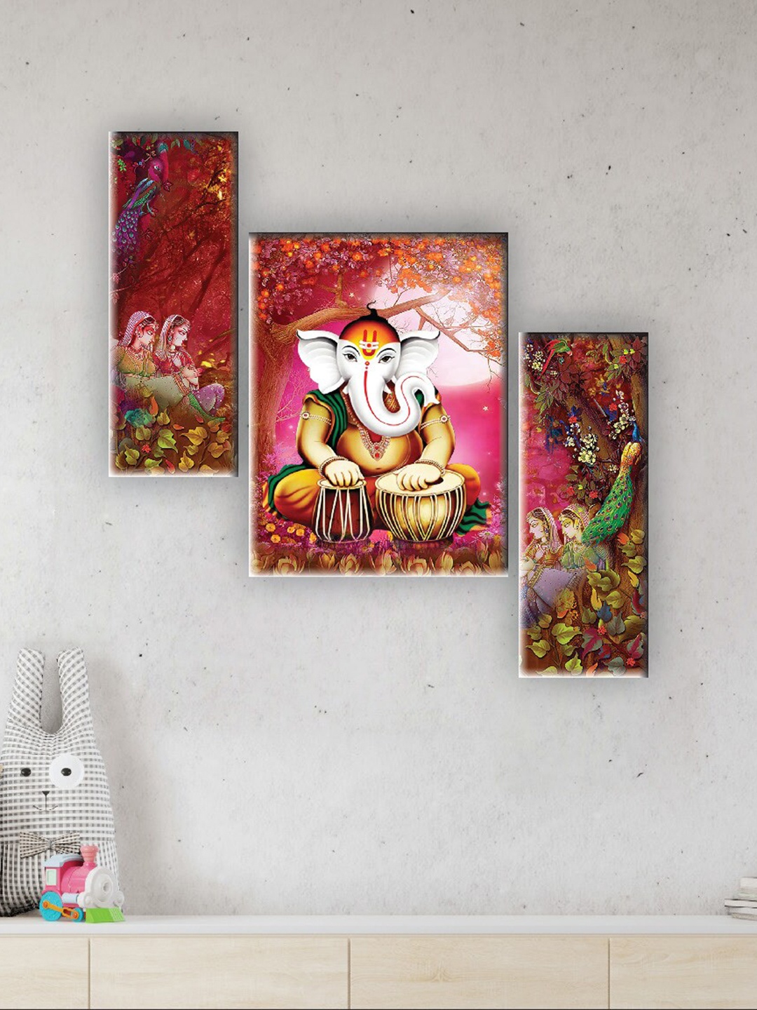 

SAF Red & Pink 3 Pieces Lord Ganesha Printed UV Textured Wall Arts