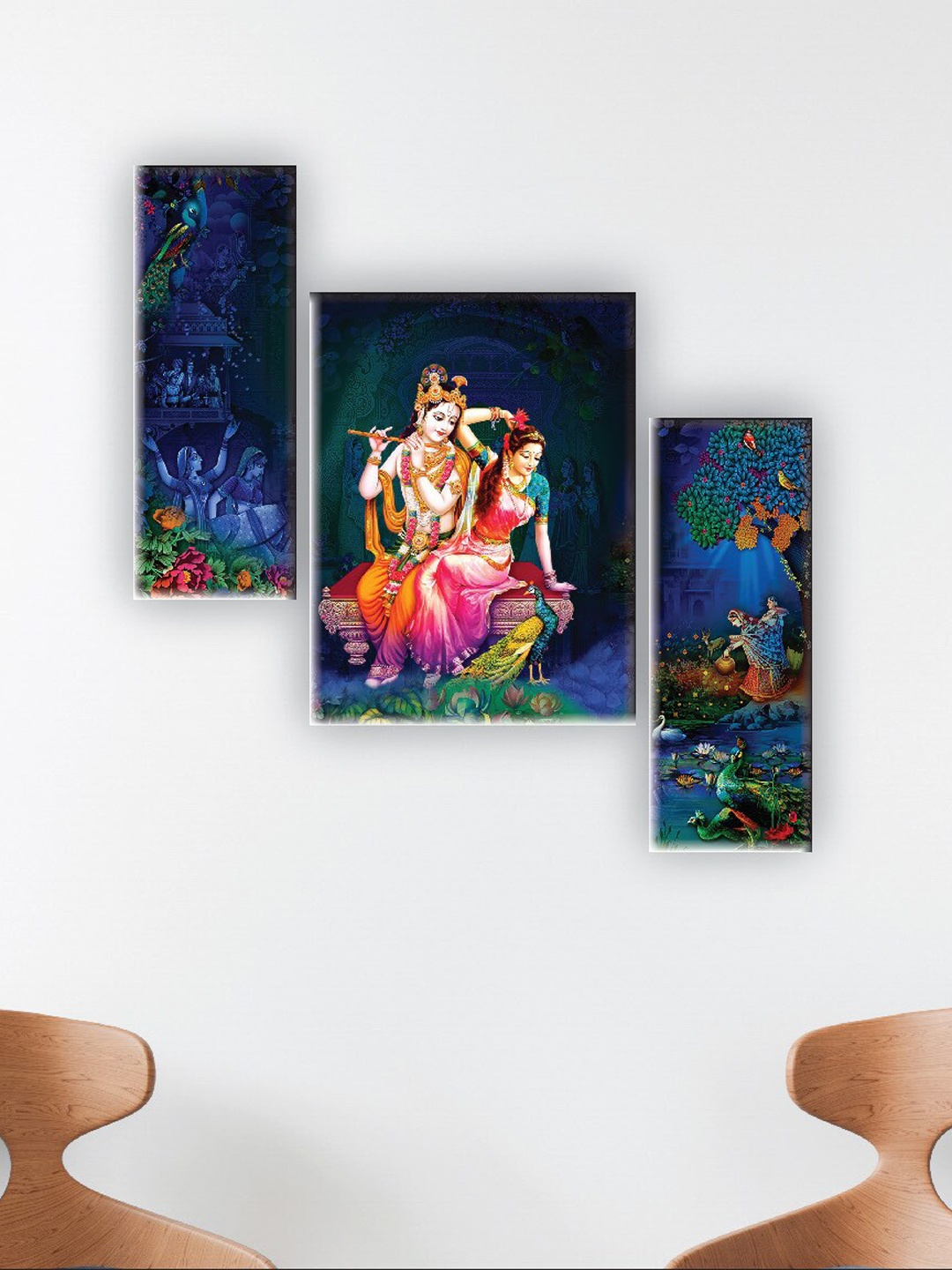 

SAF Blue & Pink 3 Pieces Radha Krishna Printed UV Textured Wall Arts