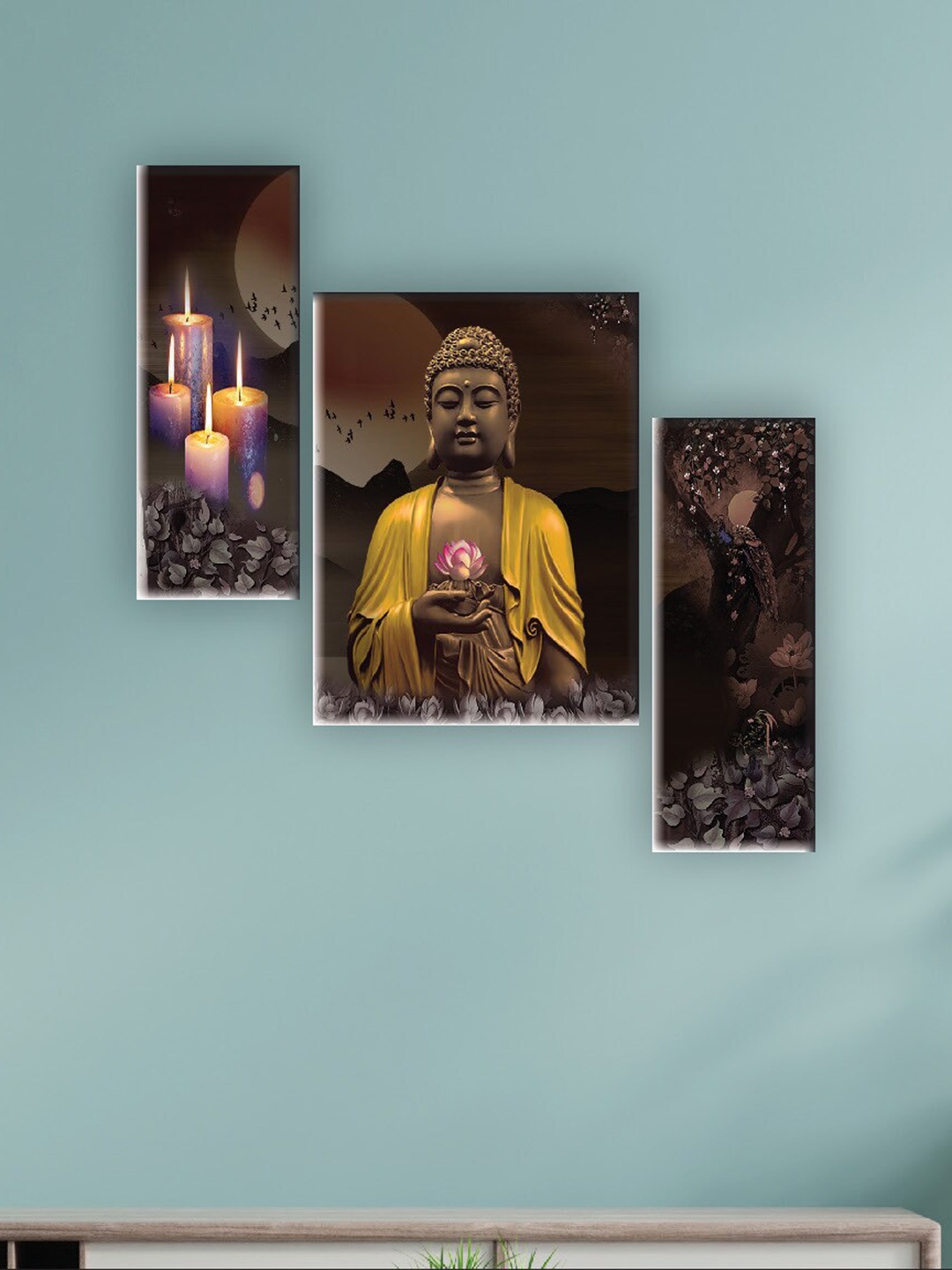 

SAF Brown & Yellow 3 Pieces Lord Buddha Printed UV Textured Wall Arts