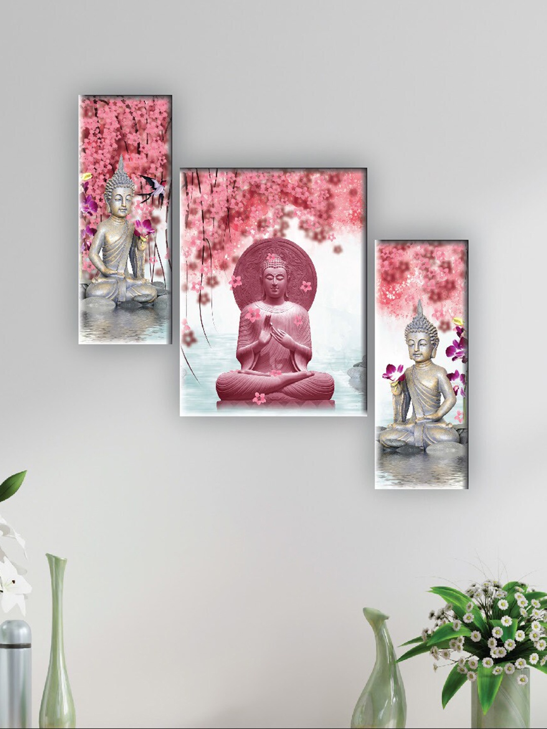 

SAF White & Pink 3 Pieces Lord Buddha Printed UV Textured Wall Arts