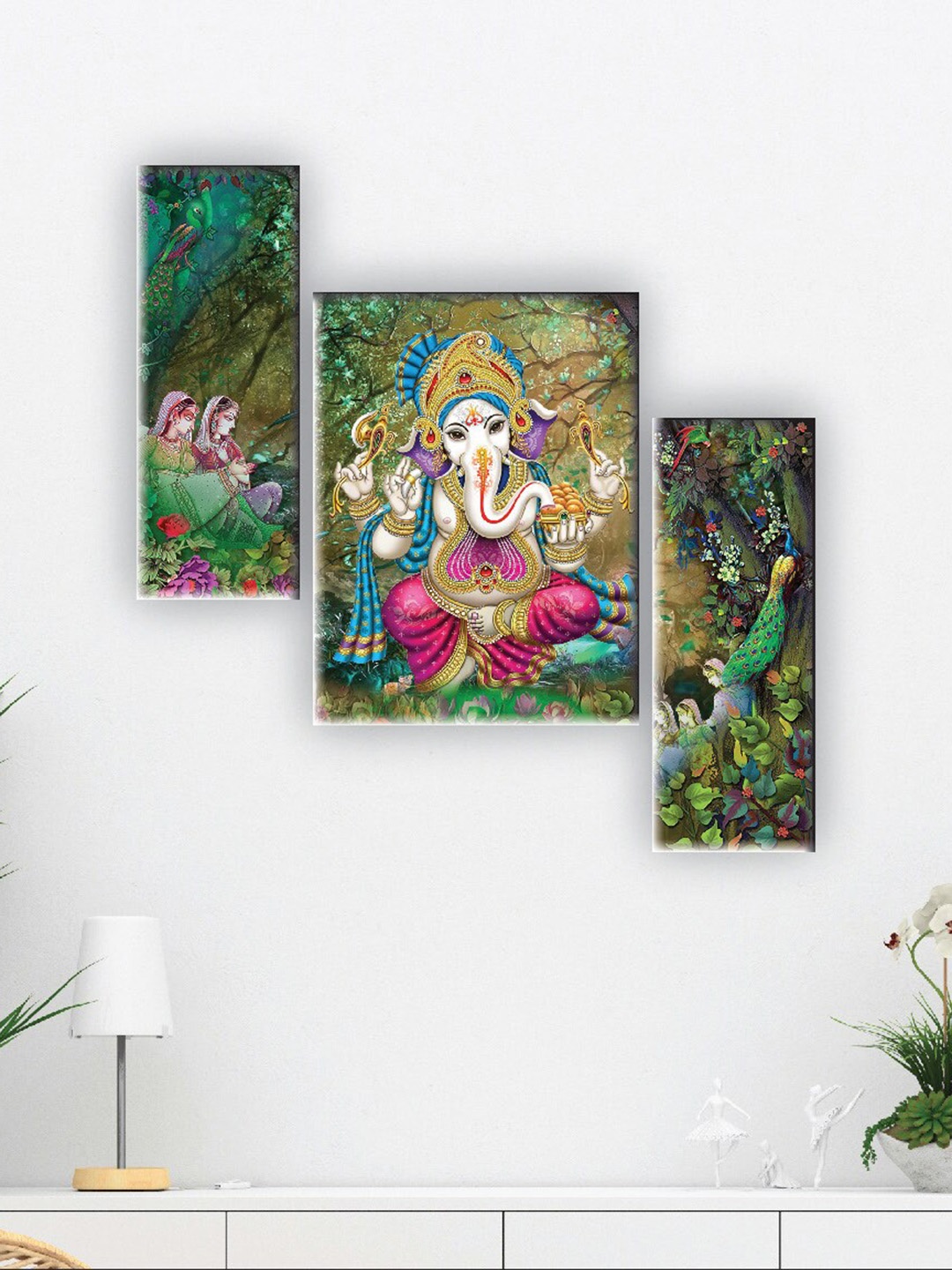 

SAF Green & Pink 3 Pieces Lord Ganesha Printed UV Textured Wall Arts