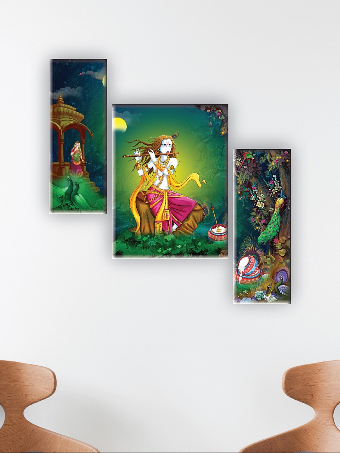 

SAF Green & Yellow 3 Pieces Lord Krishna Printed UV Textured Wall Arts