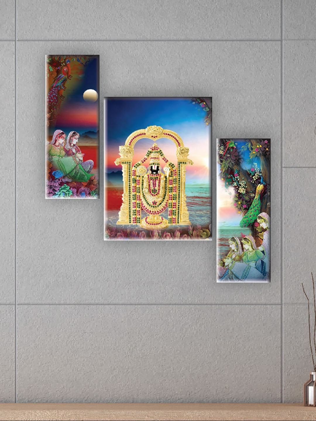 

SAF Blue & Yellow 3 Pieces Tirupati Balaji Printed UV Textured Wall Arts