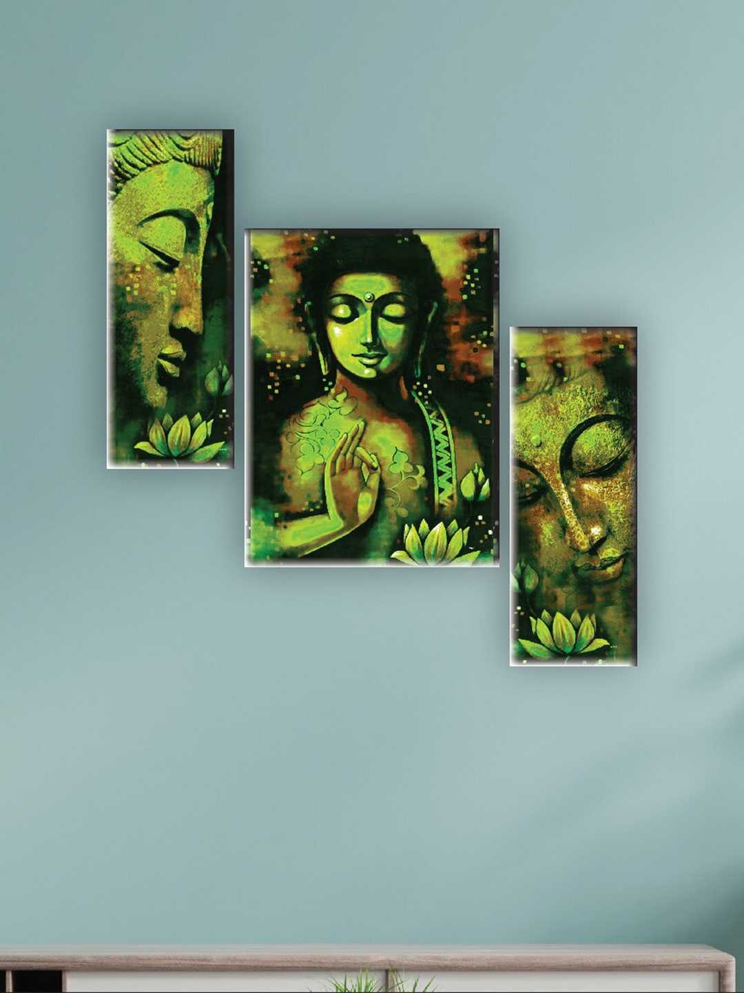 

SAF Green 3 Pieces Lord Buddha Printed UV Textured Wall Arts