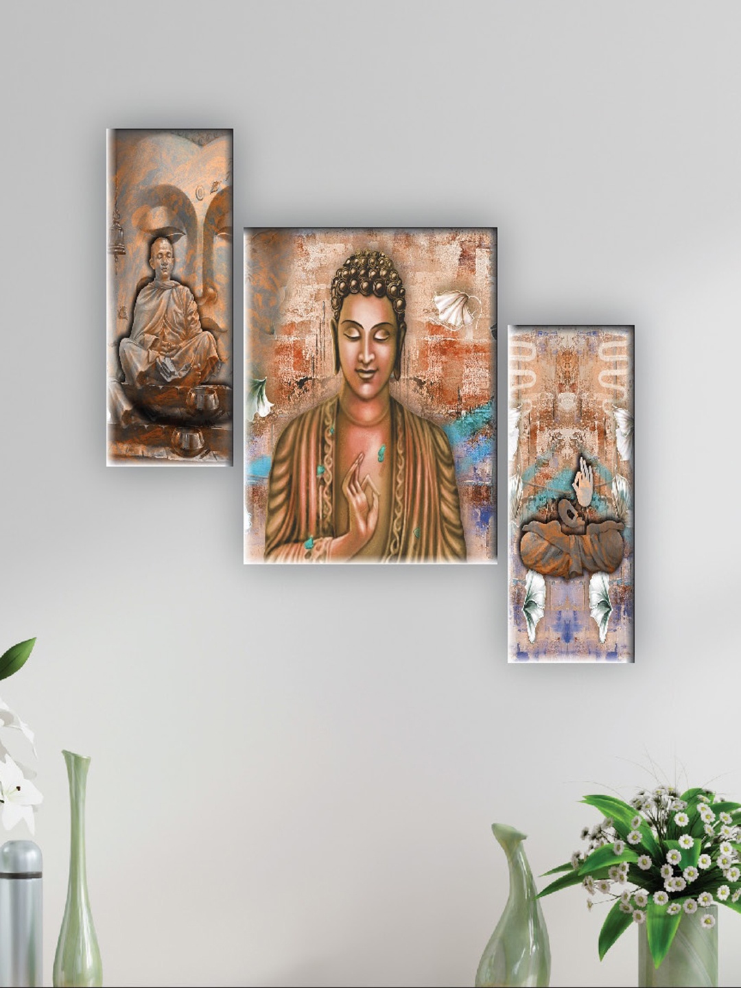 

SAF Beige 3 Pieces Lord Buddha Printed UV Textured Wall Arts