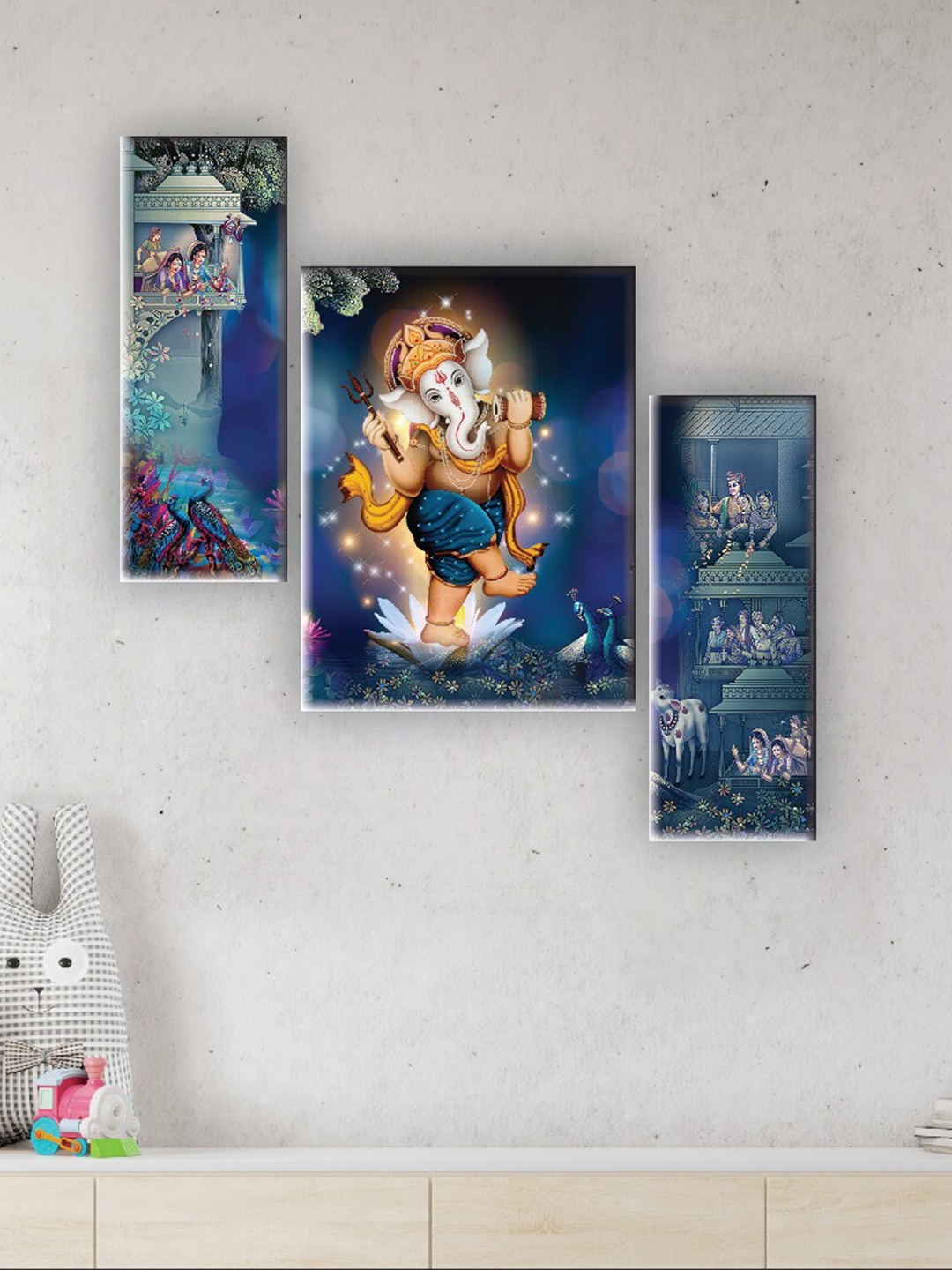 

SAF Blue & Beige 3 Pieces Lord Ganesha Printed UV Textured Wall Arts