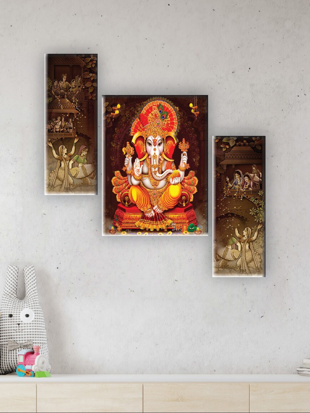 

SAF Beige & Red 3 Pieces Lord Ganesha Printed UV Textured Wall Arts