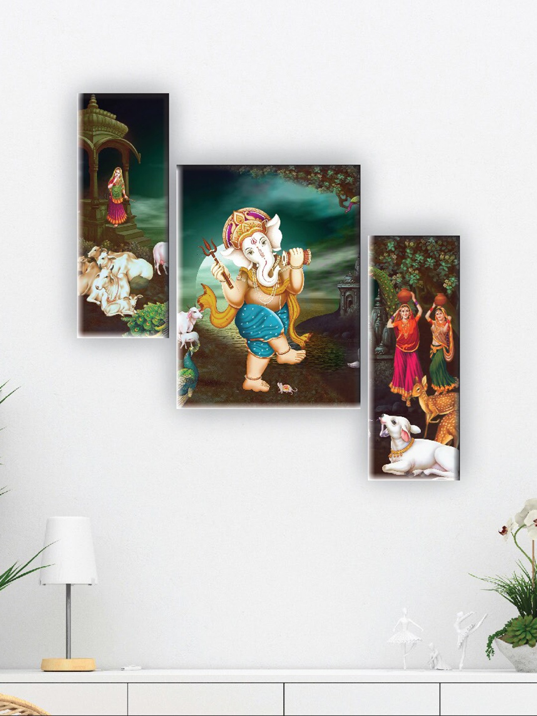 

SAF Green & White 3 Pieces Lord Ganesha Printed UV Textured Wall Arts