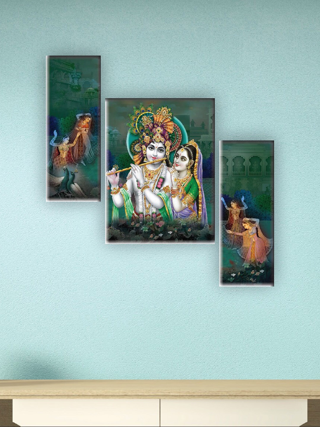 

SAF Green & White 3 Pieces Radha Krishna Printed UV Textured Wall Arts