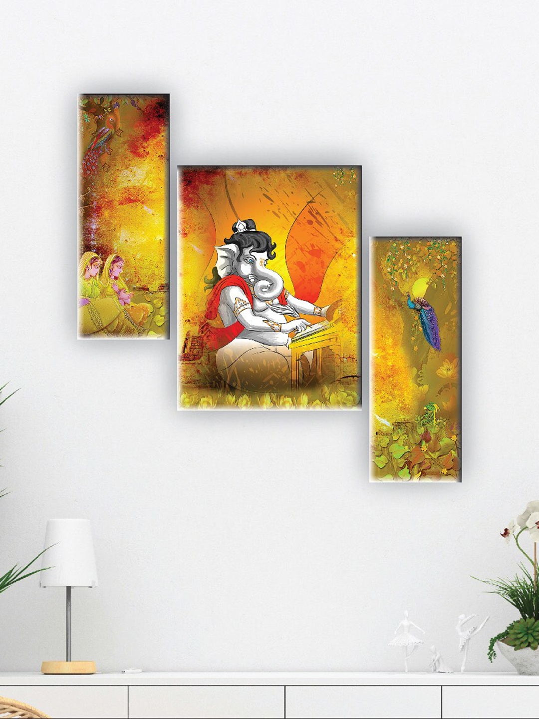 

SAF Yellow & White 3 Pieces Lord Ganesha Printed UV Textured Wall Arts