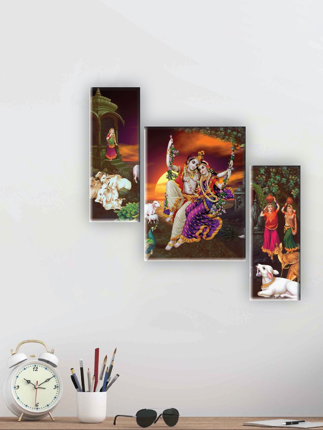 

SAF Purple & Green 3 Pieces Radha Krishna Painting UV Textured Wall Arts