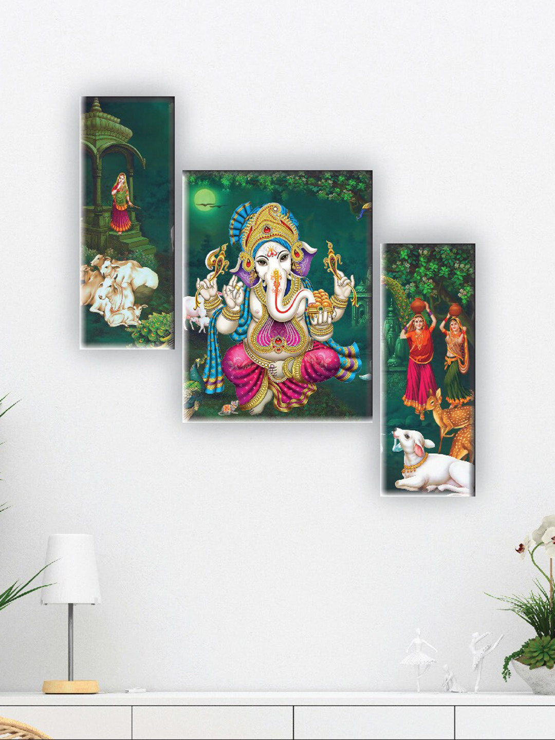 

SAF Green & White 3 Pieces Lord Ganesha Printed UV Textured Wall Arts