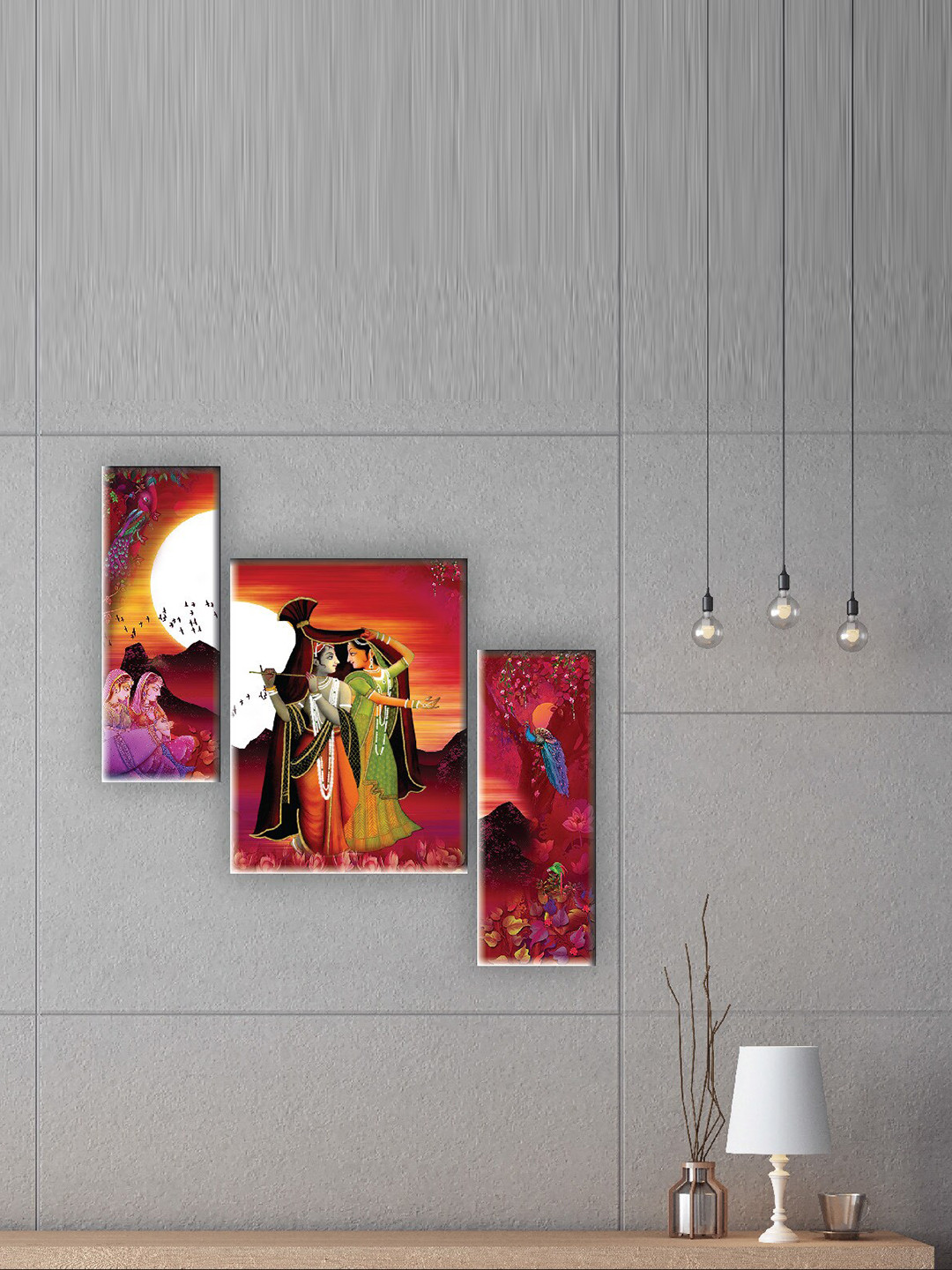 

SAF Beige & Red 3 Pieces Radha Krishna Painting UV Textured Wall Arts