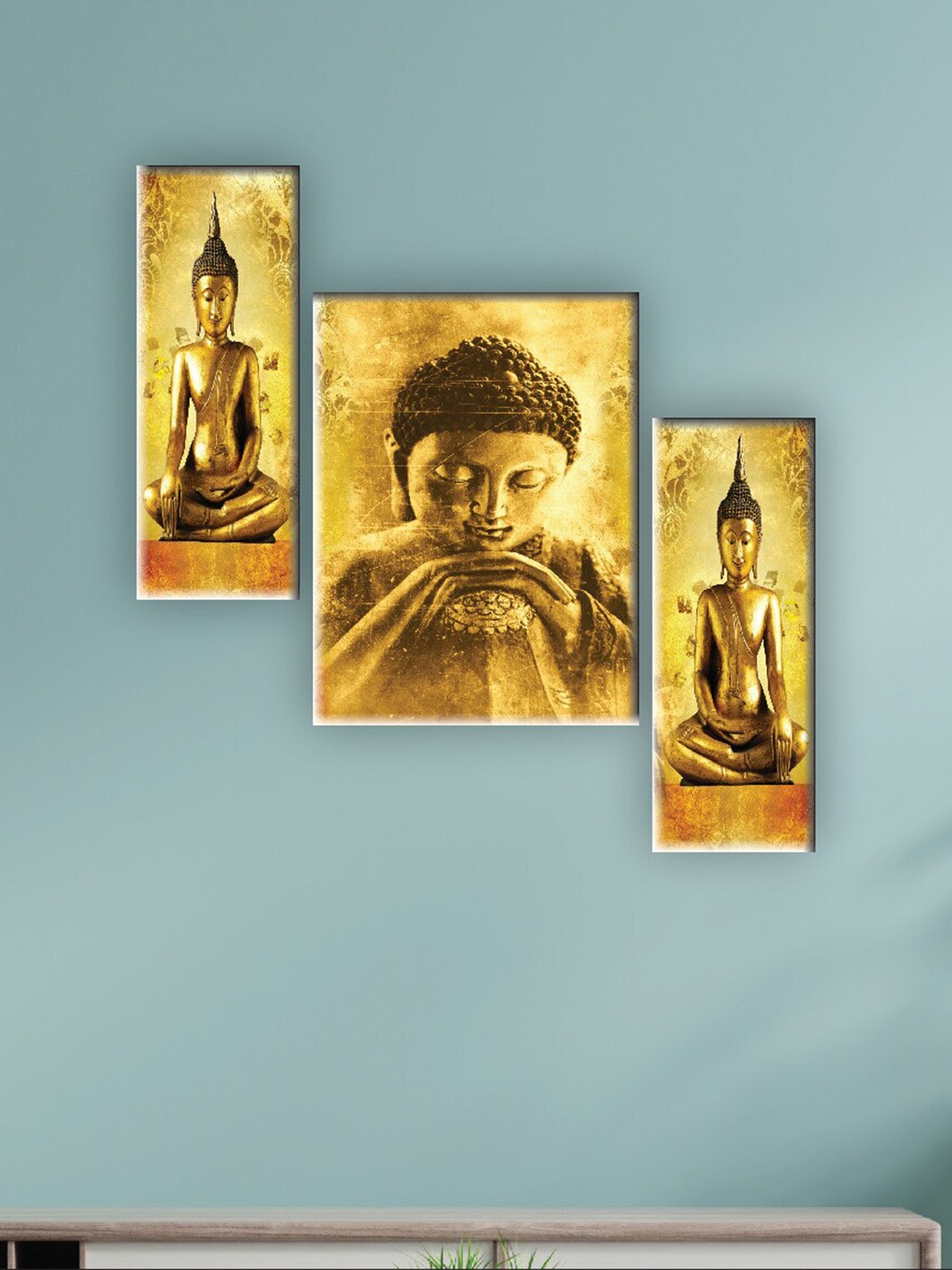 

SAF Yellow 3 Pieces Lord Buddha Printed UV Textured Wall Arts, Gold