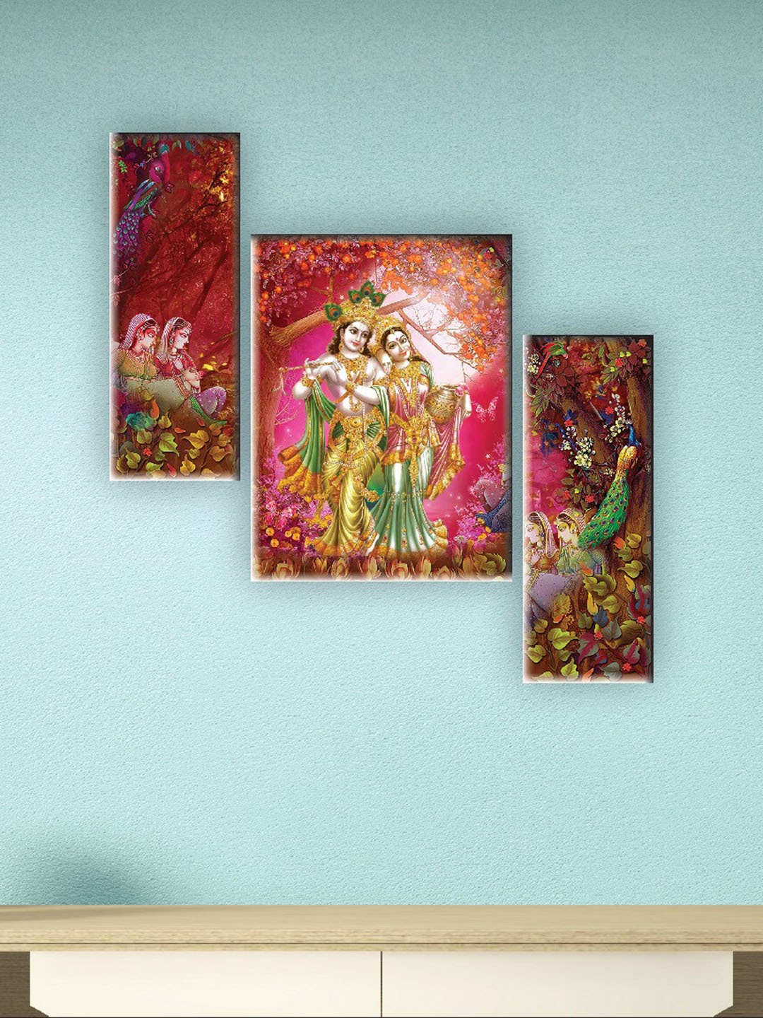 

SAF Red & Pink 3 Pieces Radha Krishna Painting UV Textured Wall Arts