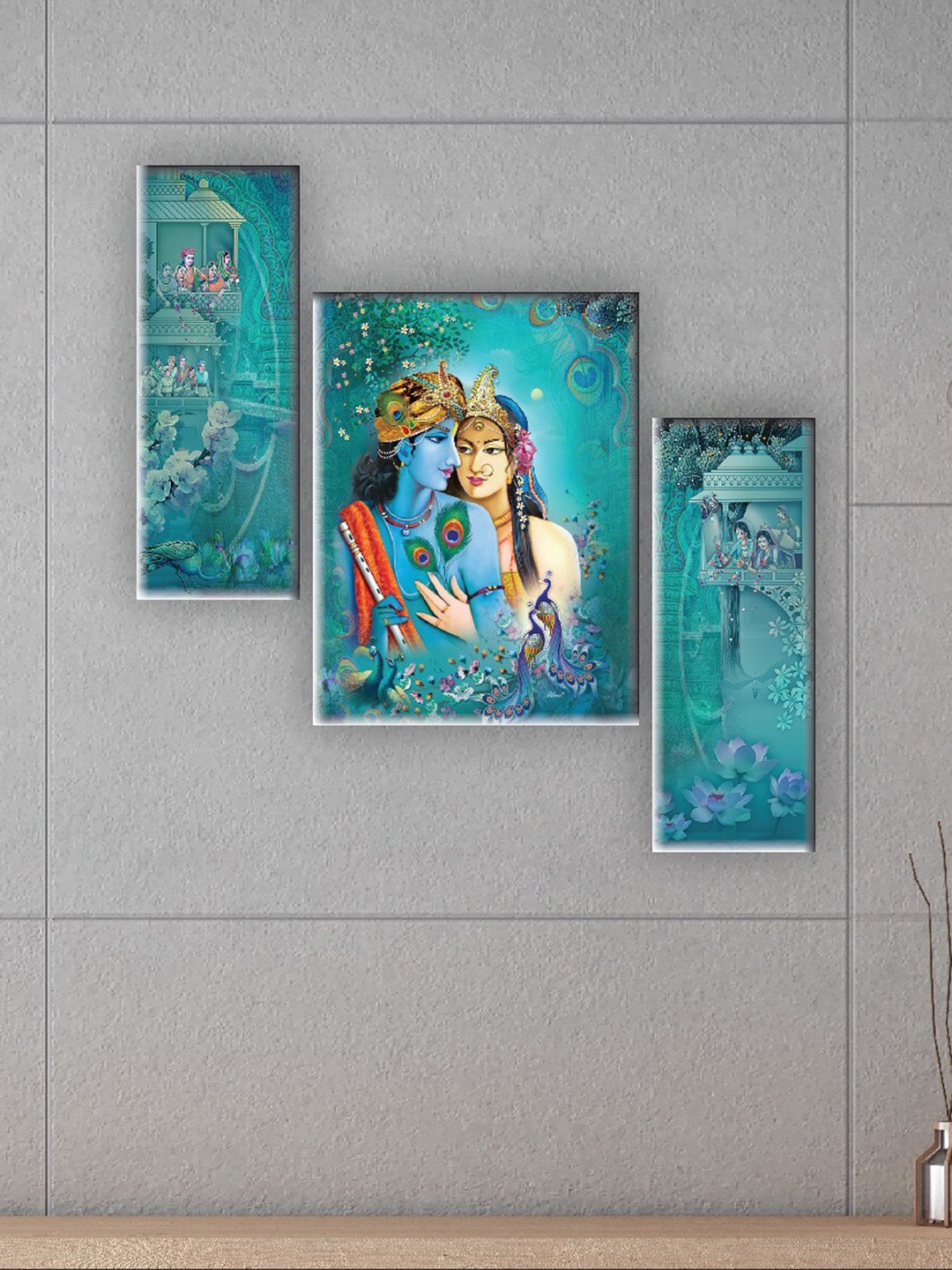 

SAF Blue & White 3 Pieces Radha Krishna Printed UV Textured Wall Arts