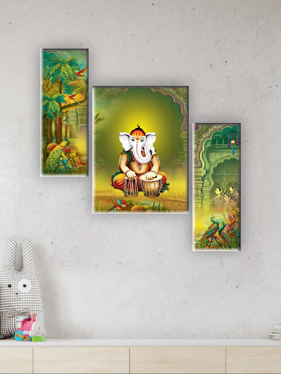 

SAF Green & White 3 Pieces Lord Ganesha Printed UV Textured Wall Arts
