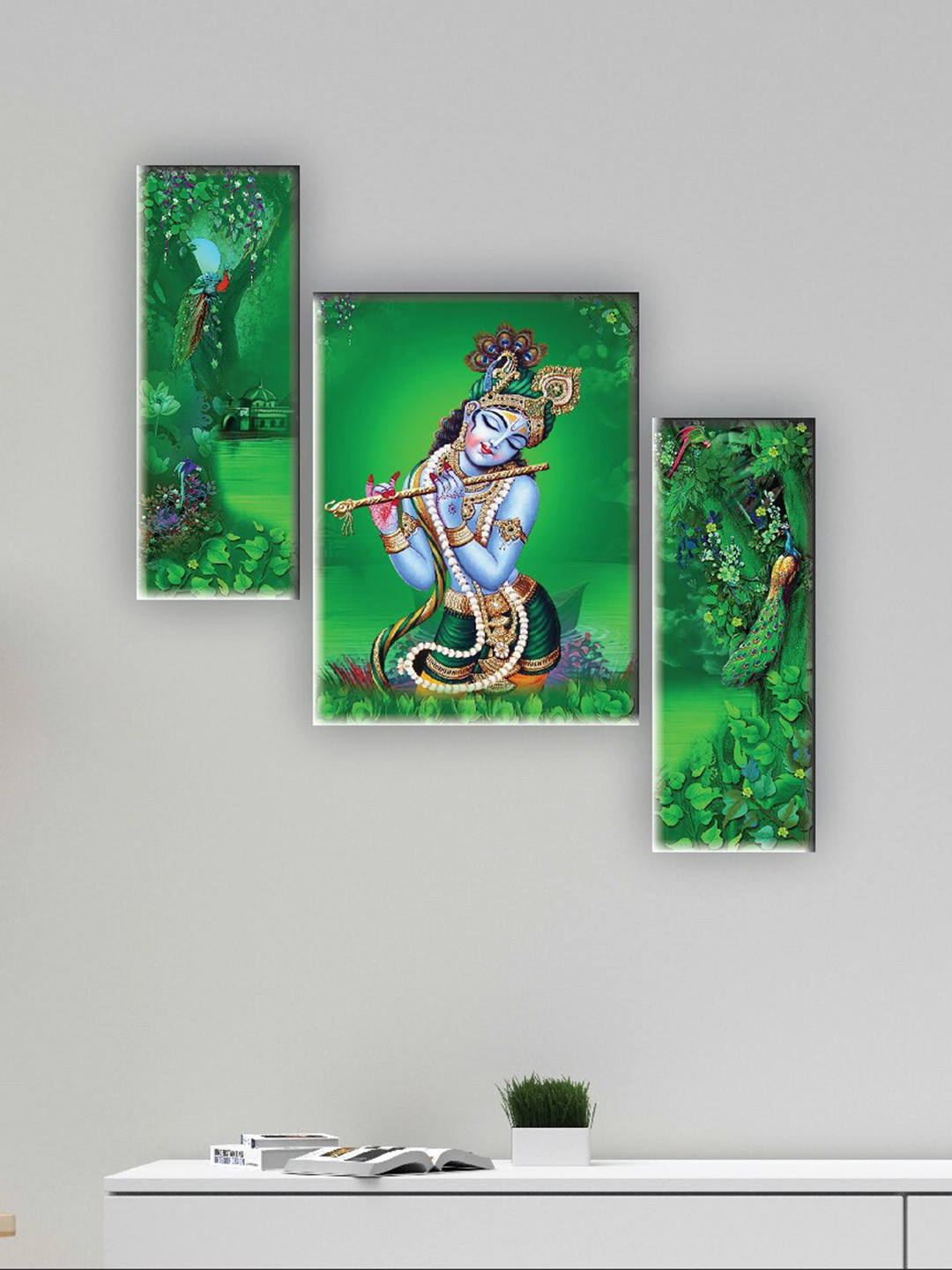 

SAF Green & Blue 3 Pieces Lord Krishna Painting UV Textured Wall Arts