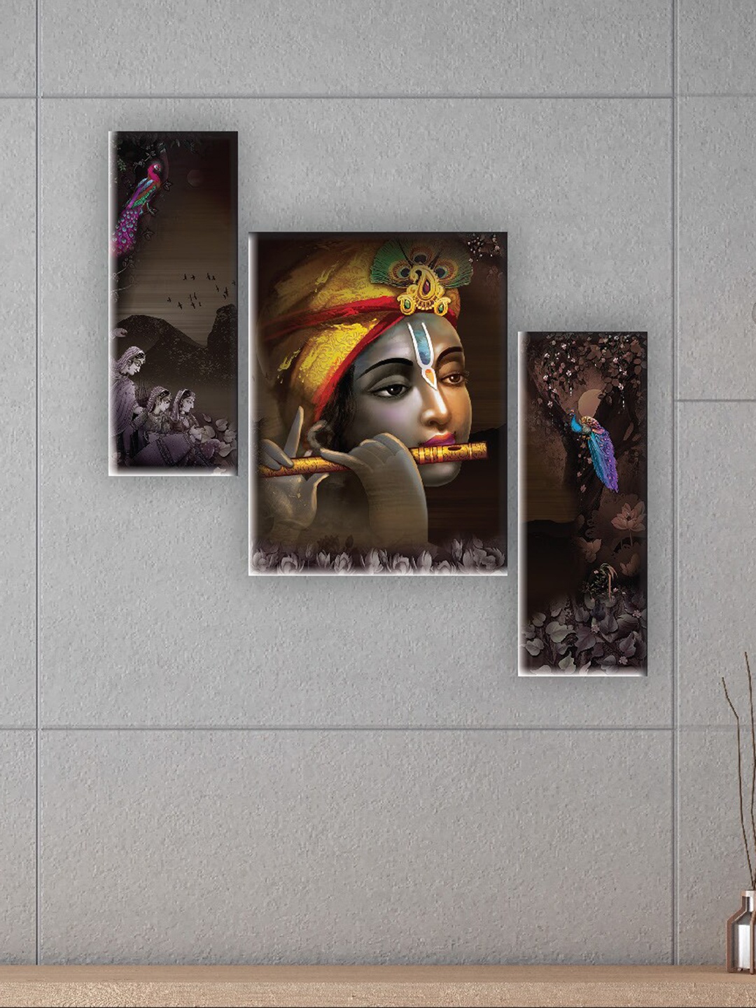 

SAF Black & Grey 3 Pieces Lord Krishna Painted UV Textured Self Adhesive Wall Art