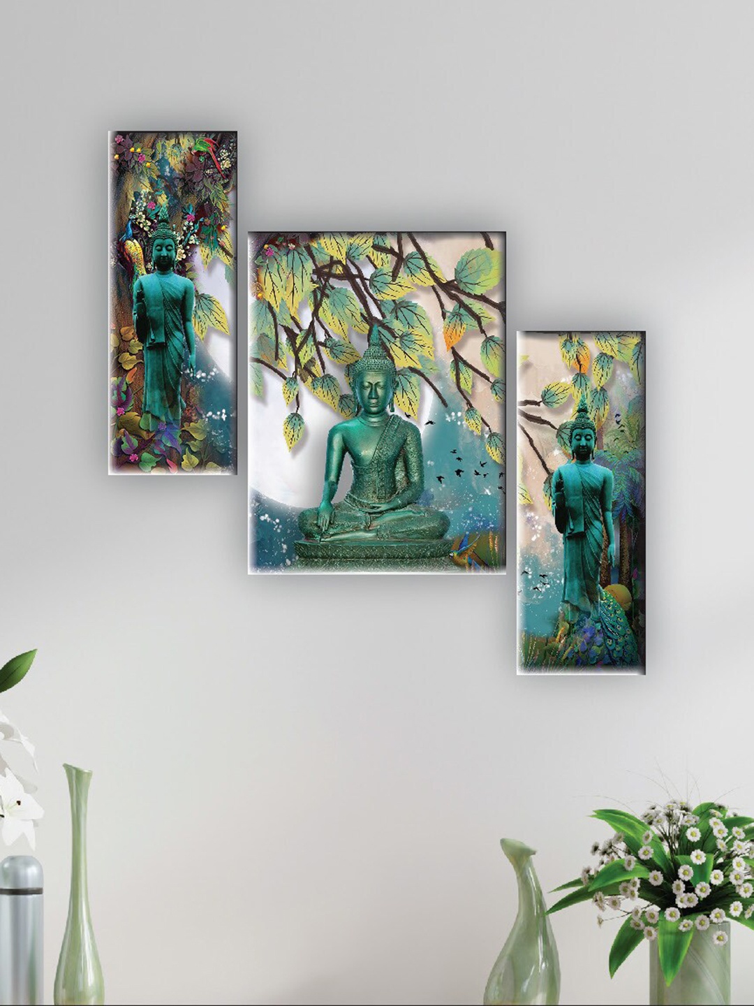 

SAF Green 3 Pieces Lord Buddha Painting UV Textured Wall Arts