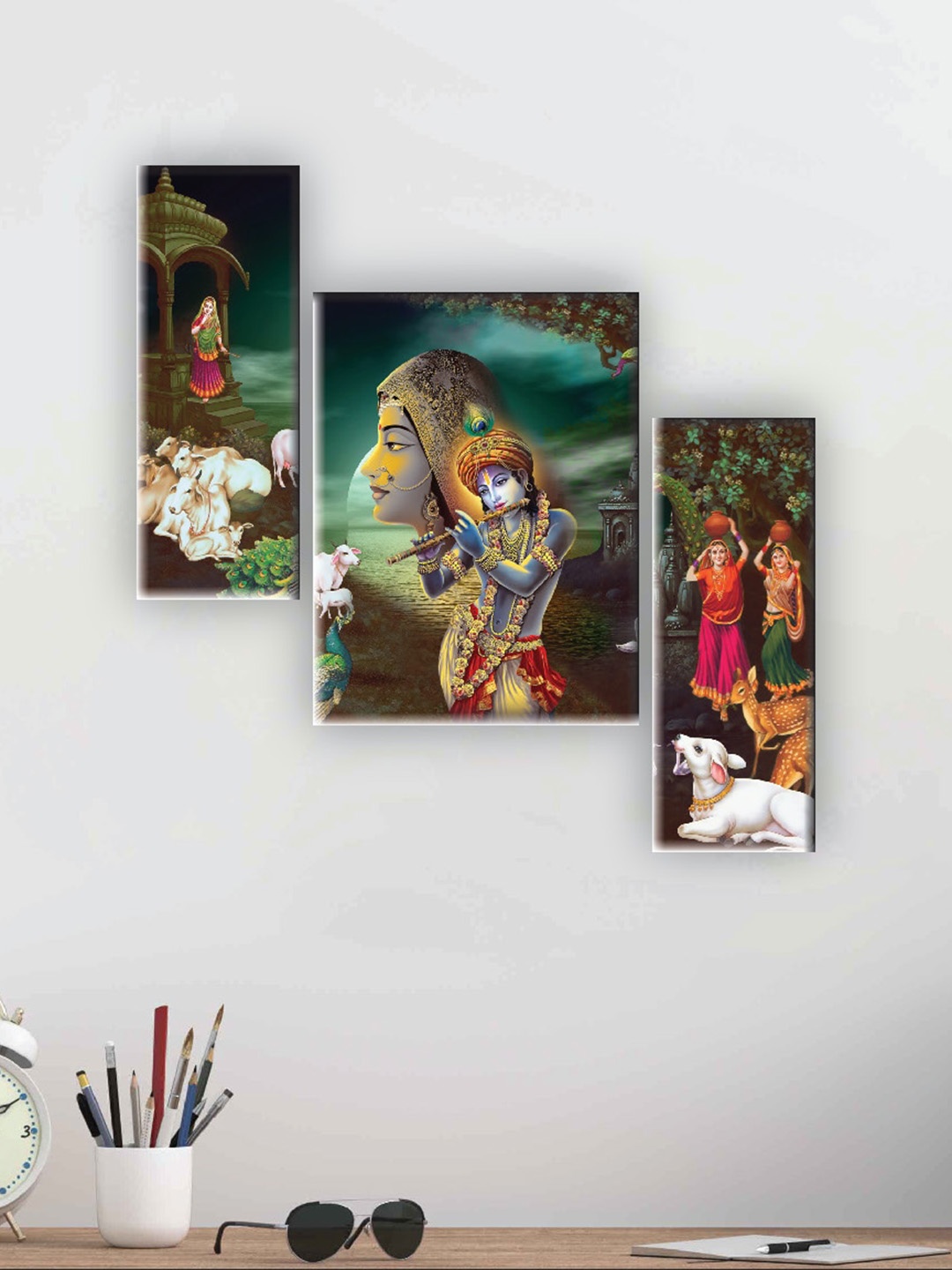 

SAF Green & Red 3 Pieces Radha Krishna Painted UV Textured Self Adhesive Wall Art