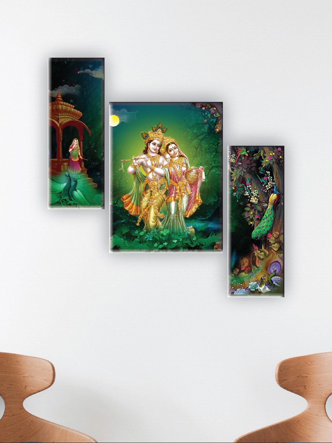 

SAF Green & Blue 3 Pieces Radha Krishna Painting UV Textured Wall Arts