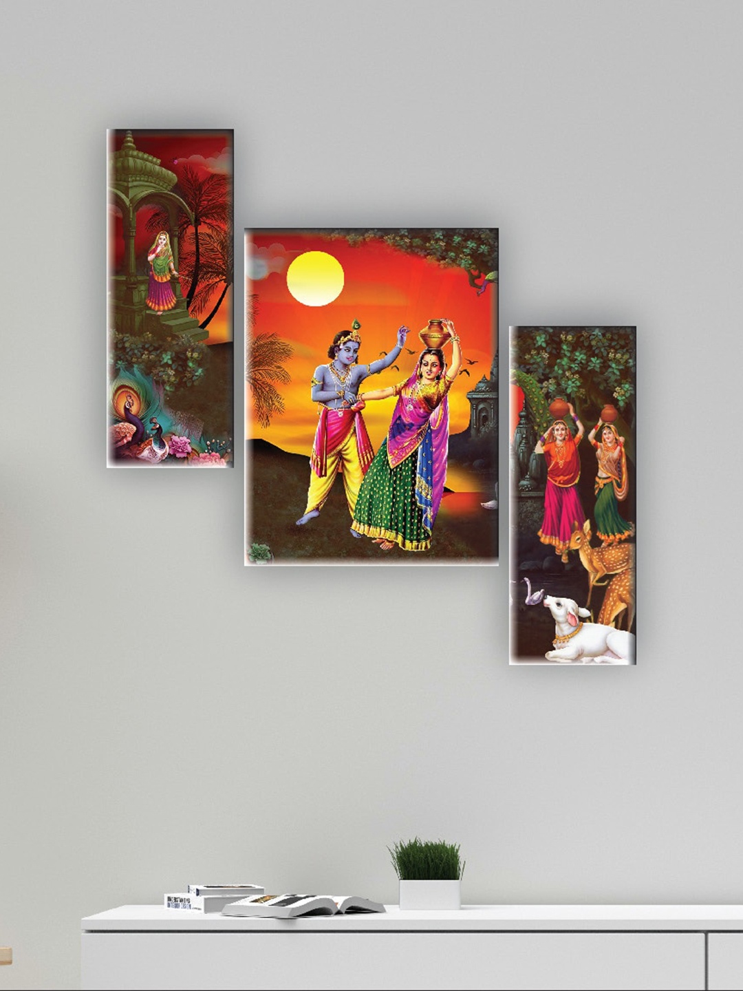 

SAF Yellow 3 Pieces Radha Krishna Painting Wall Arts