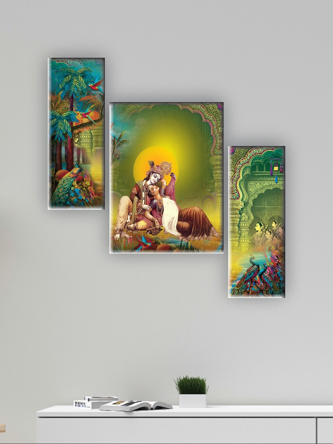 

SAF Yellow 3 Pieces Radha Krishna Painting Wall Arts, Green