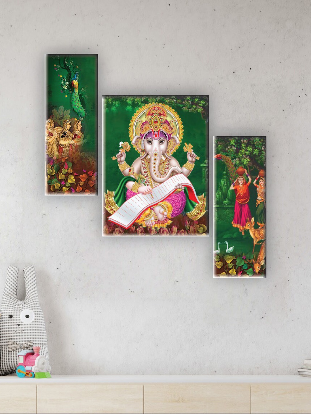 

SAF Green 3 Pieces Lord Ganesha Painting Wall Arts