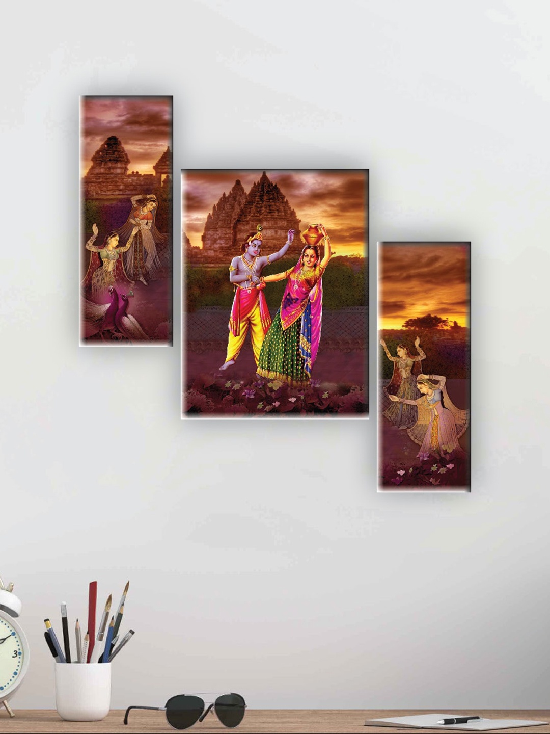 

SAF Yellow 3 Pieces Radha Krishna Painting Wall Arts