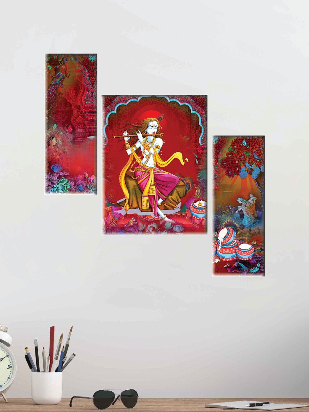 

SAF Red 3 Pieces Lord Krishna Painting Wall Arts