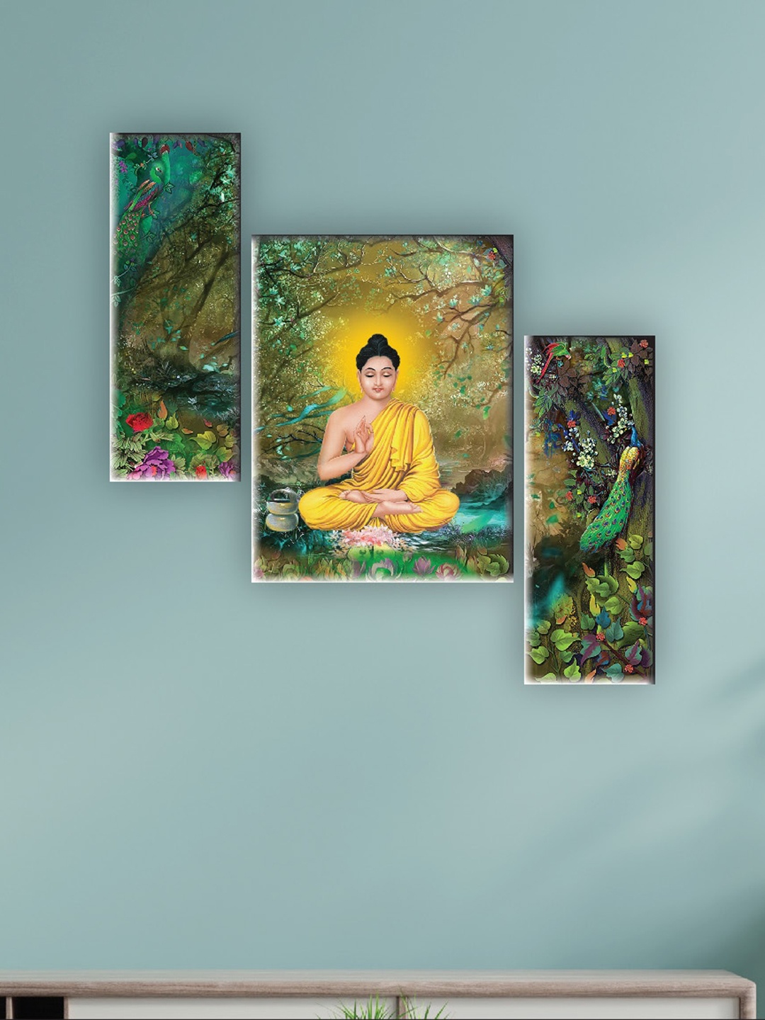 

SAF Yellow 3 Pieces Lord Budha Painting Wall Arts