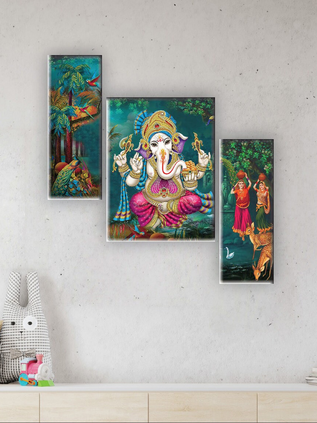 

SAF Green 3 Pieces Lord Ganesha Painting Wall Arts