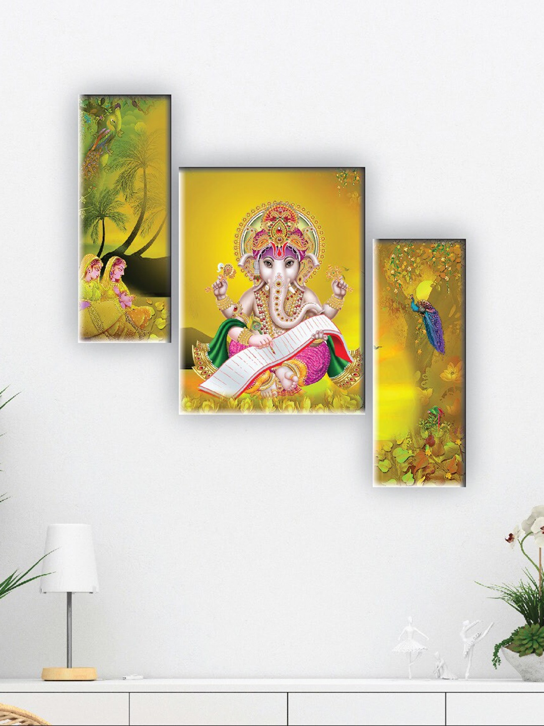 

SAF Yellow 3 Pieces Lord Ganesha Painting Wall Arts