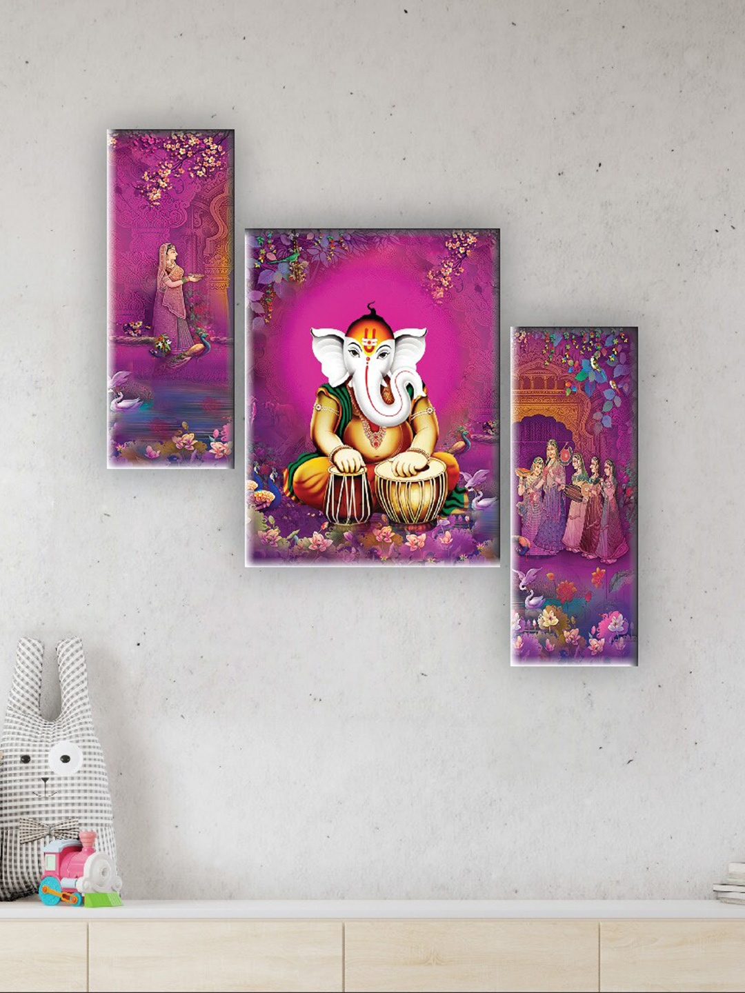 

SAF Purple 3 Pieces Lord Ganesha Painting Wall Arts