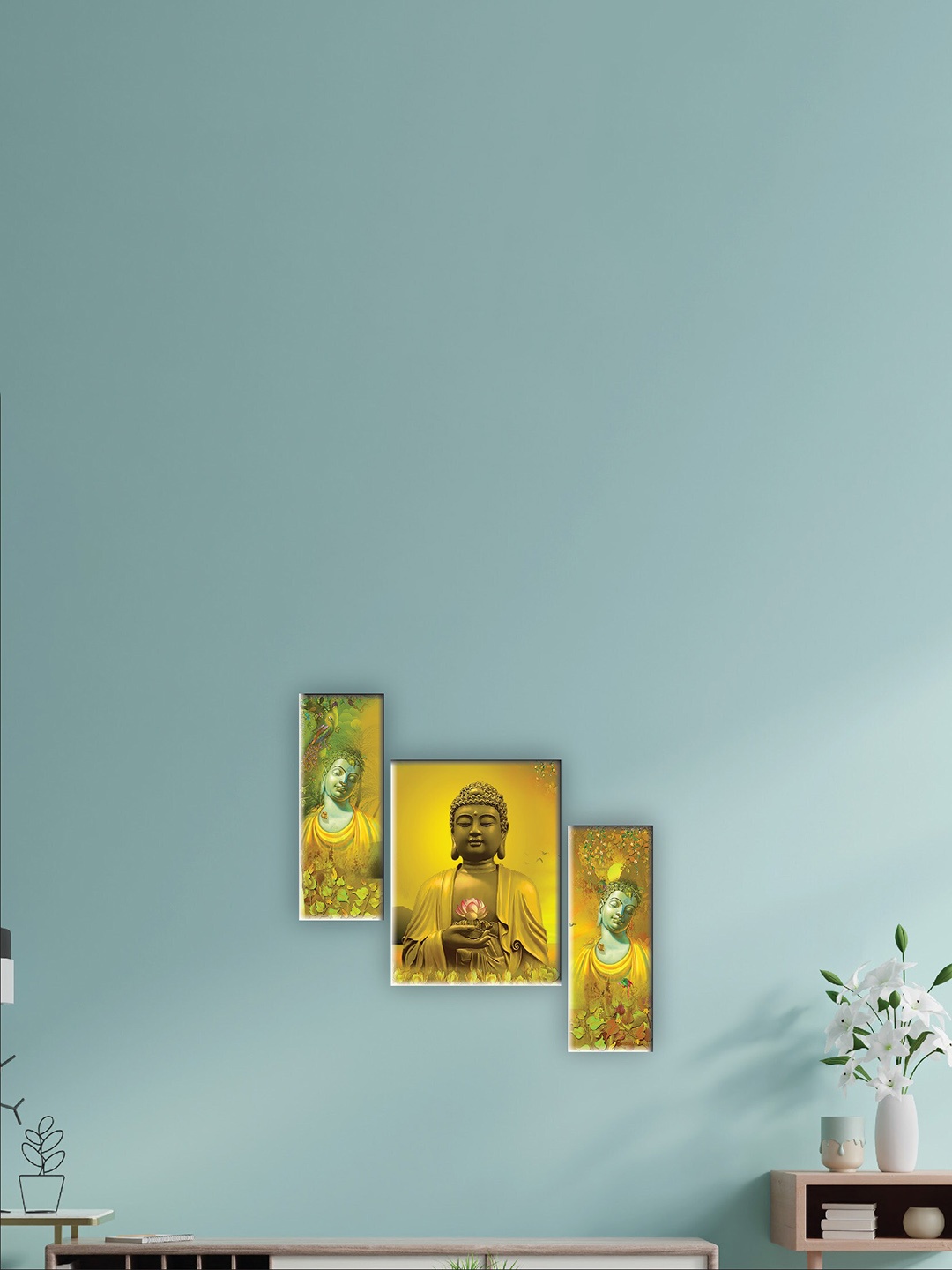 

SAF Green & Yellow 3 Pieces Lord Buddha Painting UV Textured Wall Arts