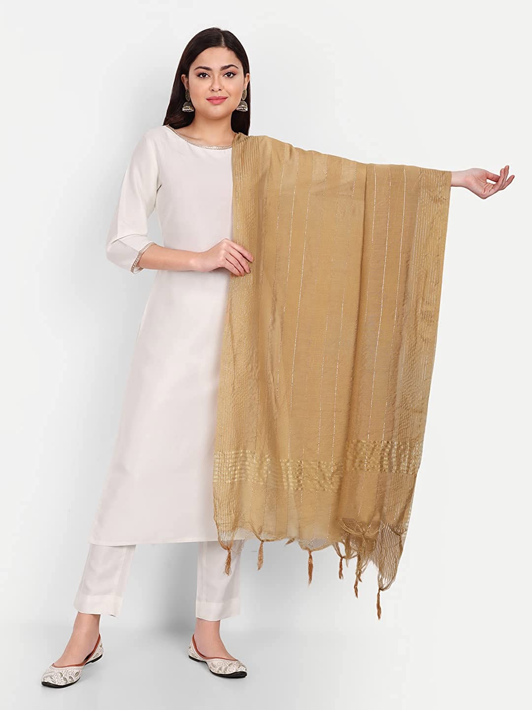 

ORUS Striped Zari Cotton Dupatta, Beige