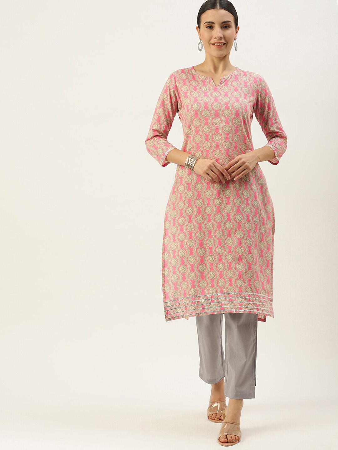 

Saanjh Pink & Grey Floral Printed Straight Pure Cotton Kurta With Trousers